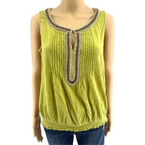 St. John’s Bay L Green Beaded Boho Peasant Blouse Sleeveless Crinkle Cottagecore